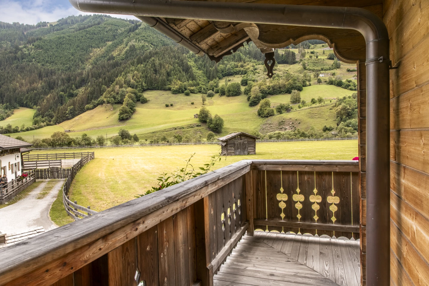 Balkon mit Blick auf grüne Bergwiesen