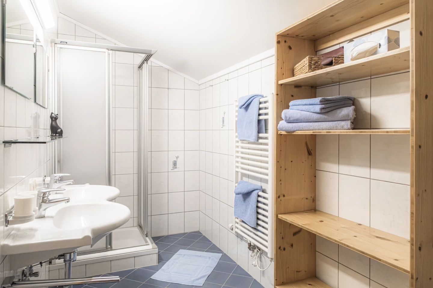 Badezimmer mit Dusche und Doppelwaschbecken
