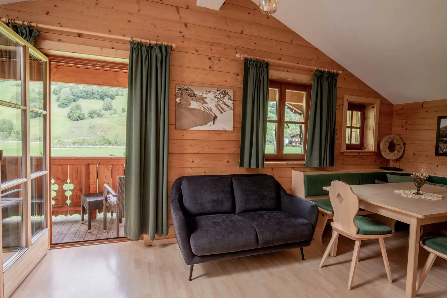 Wohnraum im Apartment Edelweiß mit gemütlicher Sitzecke, Sofa und Bergblick